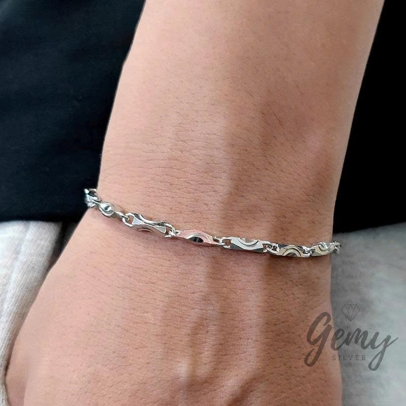 Vòng tay nam bạc lắc tay mắt xích hộp chữ nhật thiết kế basic đeo hàng ngày | GEMY SILVER VTN4