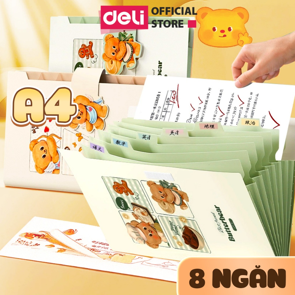 Cặp Túi Đựng Tài Liệu A4 Butterbear Deli 8 Ngăn File Đựng Tài Liệu Hồ Sơ Lưu Trữ Đa Năng Dễ Thương