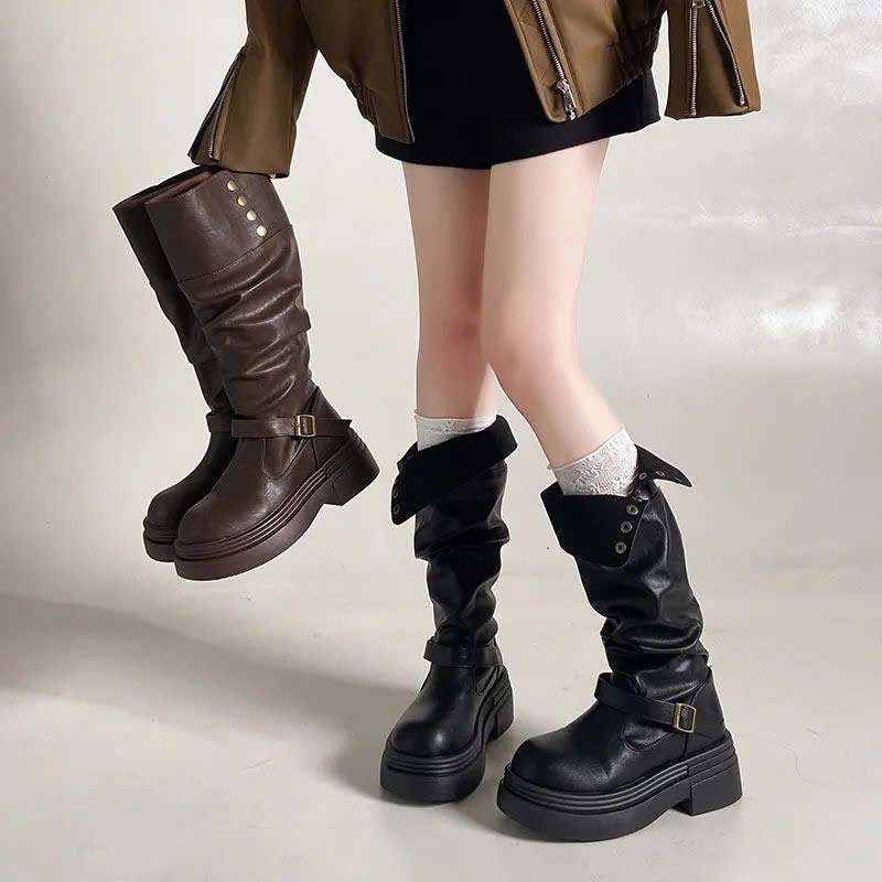 (Sẵn nâu 37,40) Giày Bốt Cao Cổ Phong Cách Cao Bồi Đế Dày Cá Tính
