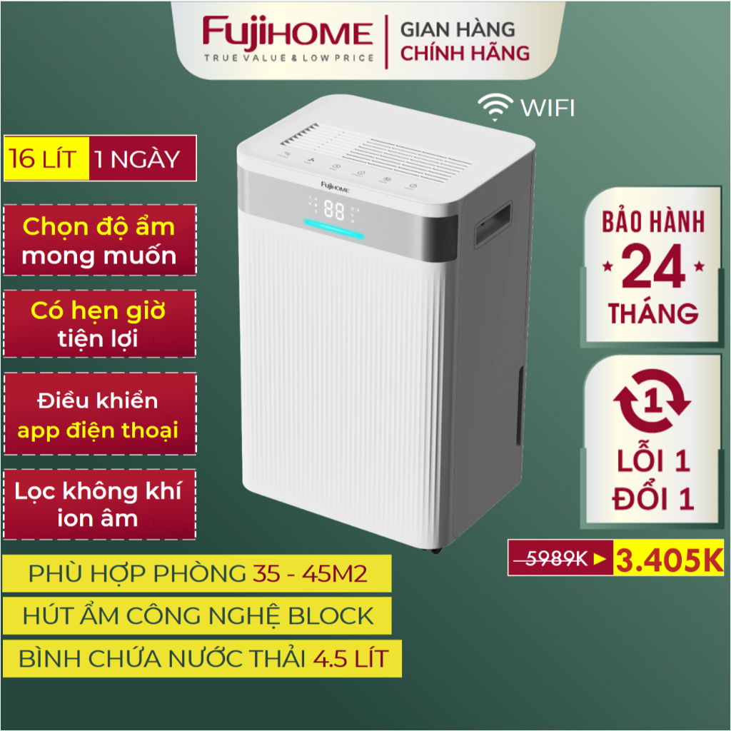 Máy hút ẩm dân dụng lọc không khí 16L Nhập Khẩu FUJIHOME DH16NW, Máy hút ẩm mini gia đình cảm ứng sấy quần áo đa năng