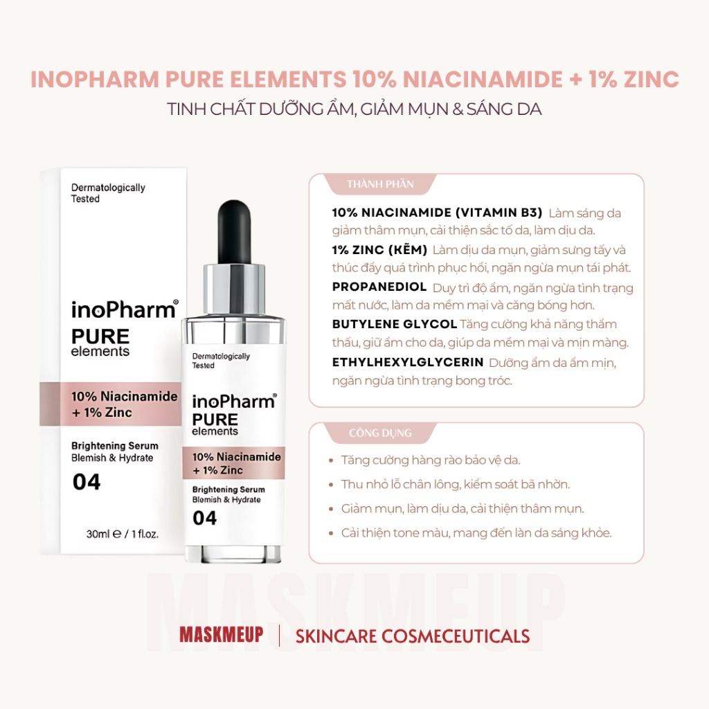 Tinh chất dưỡng ẩm, giảm mụn & sáng da Inopharm Pure Elements 10% ...