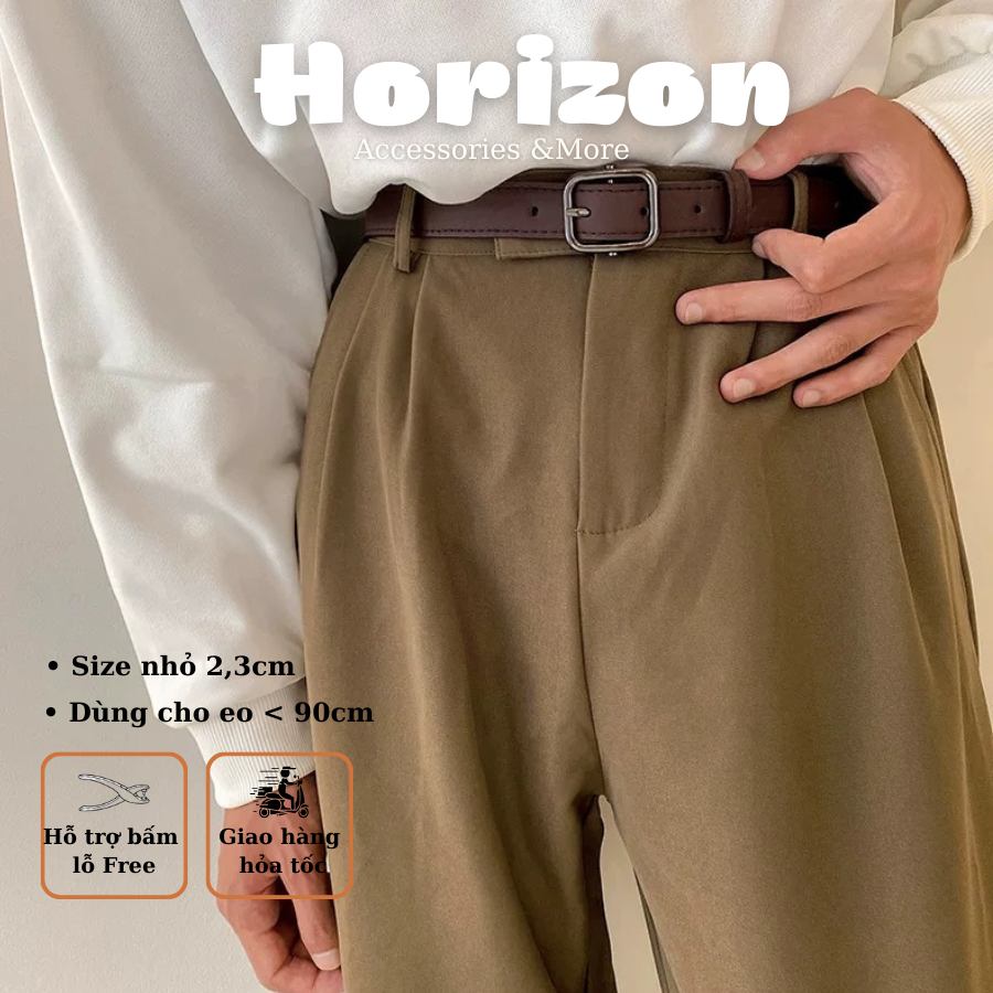 Thắt lưng da nam nữ unisex mặt vuông đen 2.3cm dày dặn ulzzang Horizon - dây nịt da nam nữ da mặt vuông đai váy Hàn Quốc
