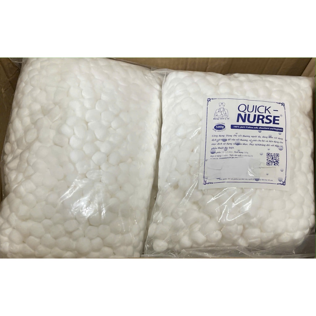 Bông gòn viên Quick Nurse gói 500g, Bông viên y tế Quick Nurse sợi bông tự nhiên mềm mại ,thấm hút tốt