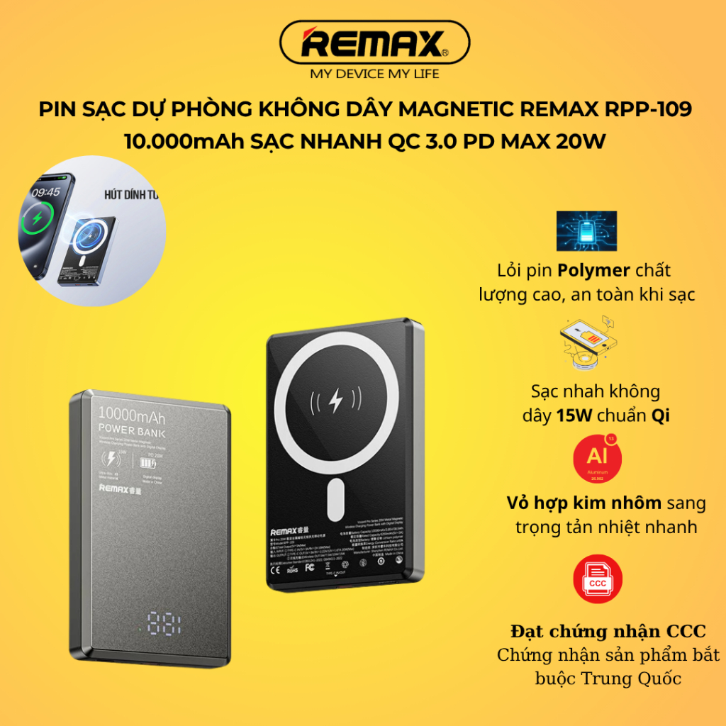 Pin Dự Phòng Sạc Không Dây Magnetic REMAX RPP-109 10000mAh 1 Cổng Type ...