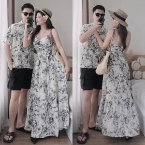 Set Đồ Nam Nữ Đi Biển - Váy 2 Dây Dáng Dài Có Mút Ngực Và Áo Sơ Mi Nam Họa Tiết Mềm Mát Cho Các Cặp Đôi Đi Du Lịch