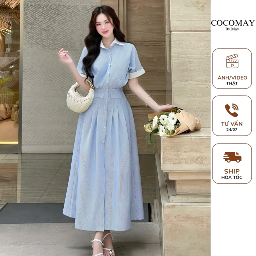 COCOMAY - Đầm sơ mi kẻ Sọc Elira phối viền tay và cổ trắng thanh lịch ...