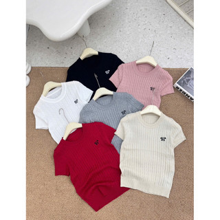 LT - Áo len nữ xoắn thừng cổ tròn cộc tay len mongtoghi hình nơ xinh xắn free size 1099