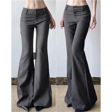 ( Quần vải Bố Tây ) Quần loe tây cạp thấp cổ điển UNNIE2019 Quần tây xám ống loe dáng ôm cạp trễ y2k sang trọng 004