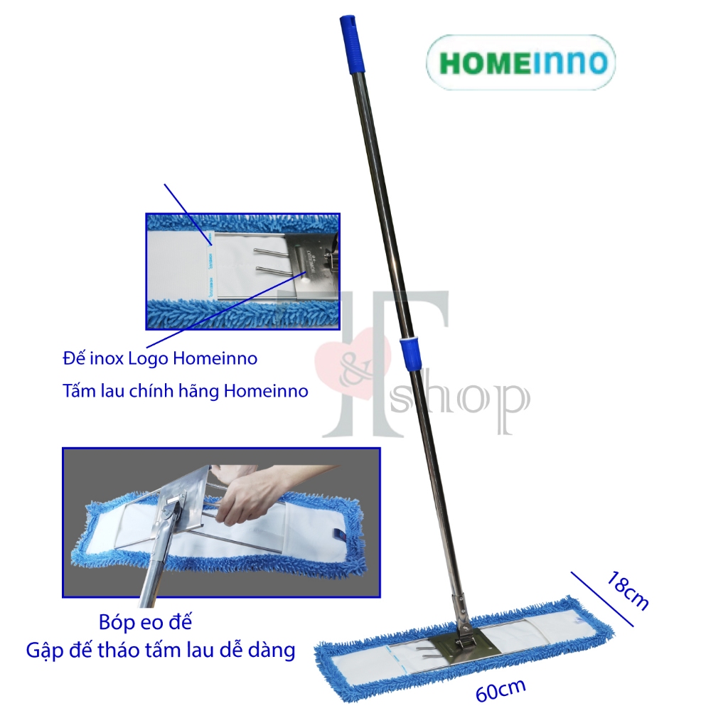 [HOẢ TỐC] Cây Lau Nhà Inox San Hô 60cm Homeinno Cán Rút Thu Ngắn 90cm Kéo Dài 145cm