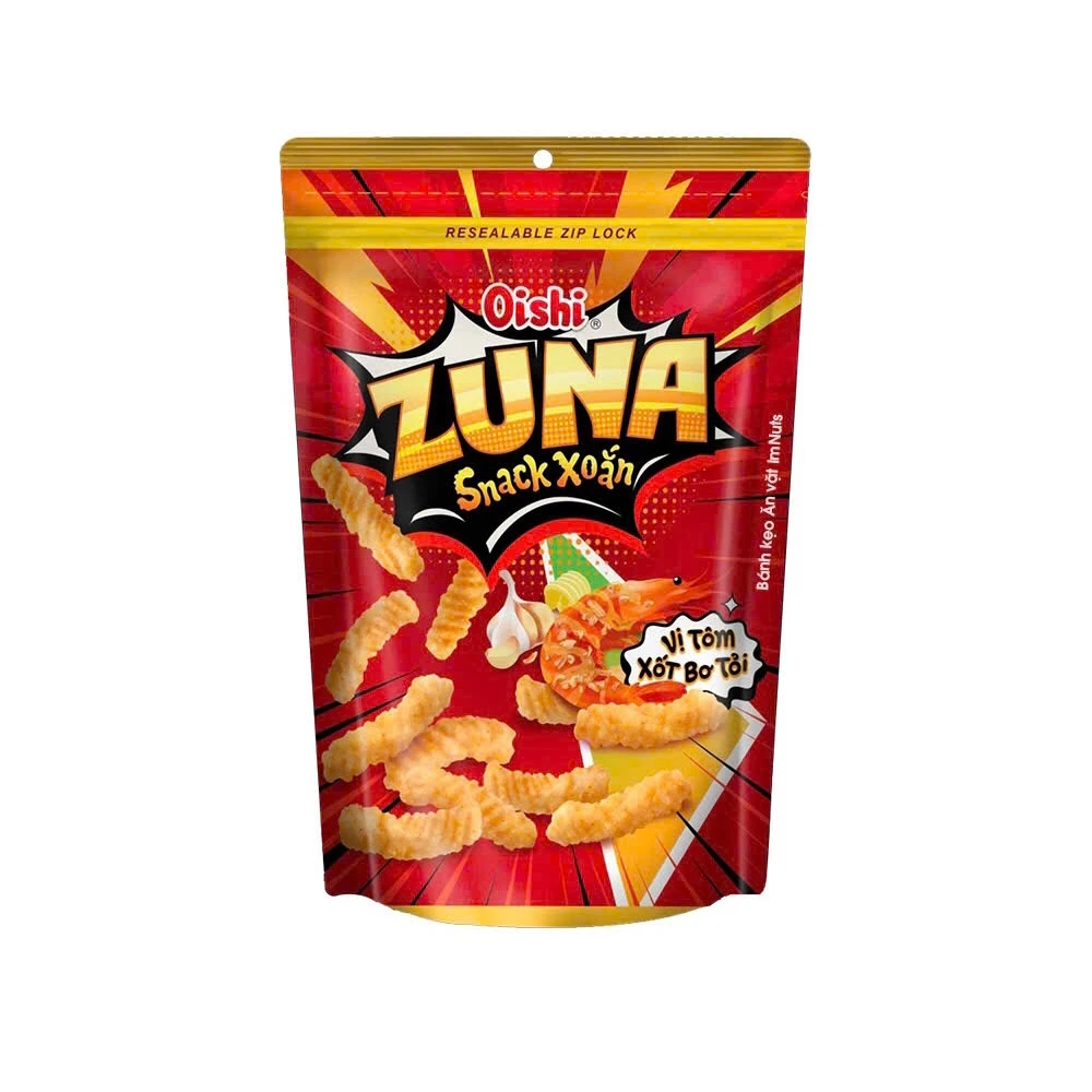Snack xoắn Oishi Zuna vị tôm xốt bơ tỏi 65g