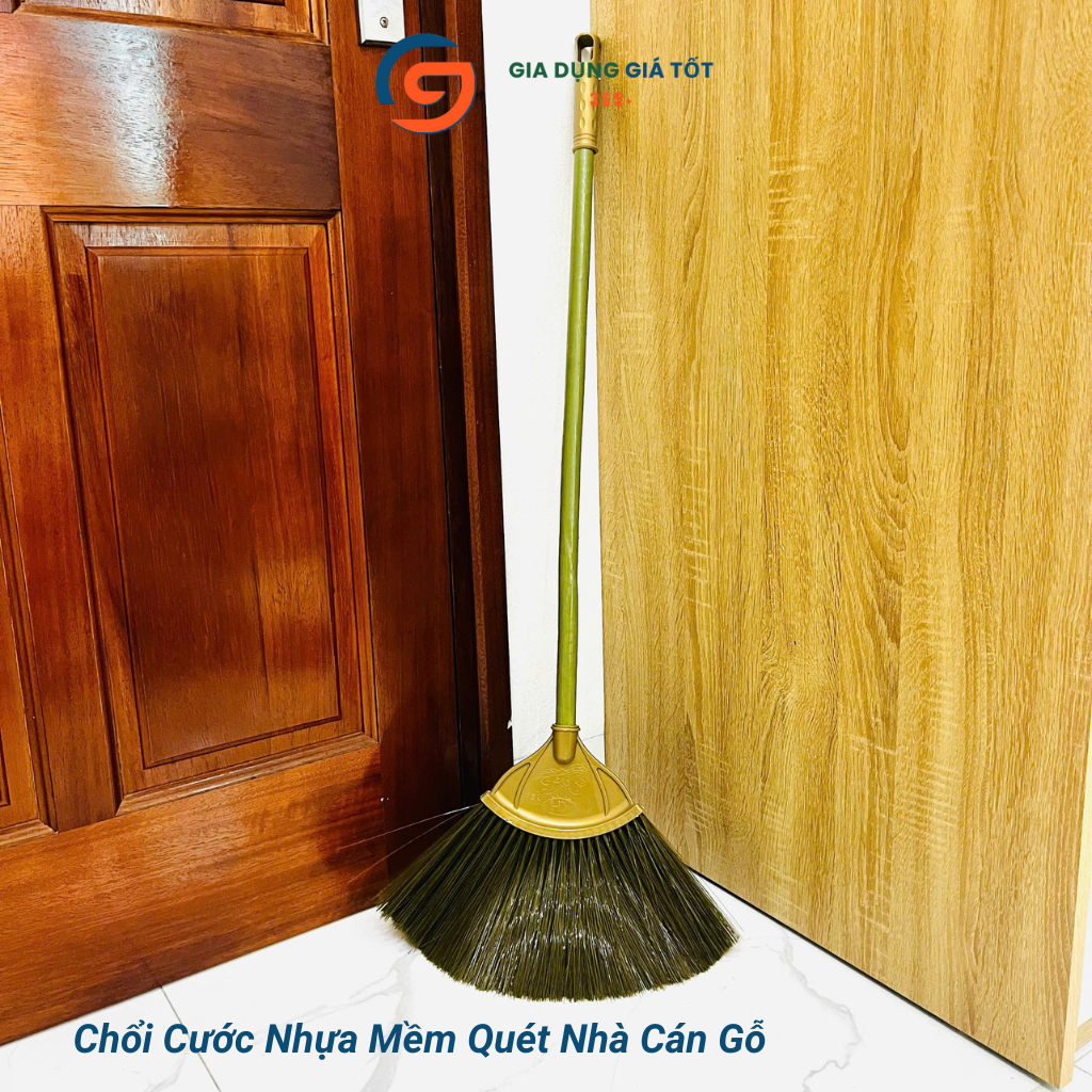Chổi cước cán gỗ quét nhà, sợi cước nhựa mềm quét bụi sạch, không bung sợi
