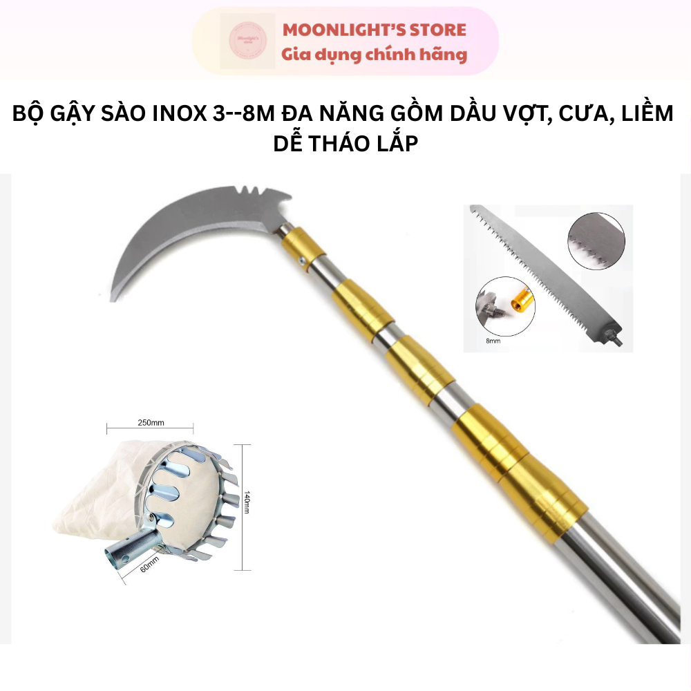 Bộ Gậy Liềm - Cưa - Vợt Hái Đa Năng Inox 304 Dài 3-8M Rút Gọn Siêu Tiện Lợi (Gậy+Vợt+Liềm+Cưa)