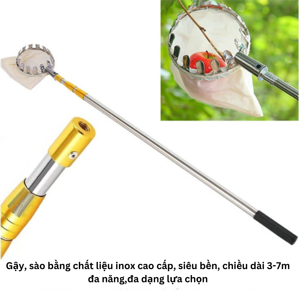 Bộ Gậy Liềm - Cưa - Vợt Hái Đa Năng Inox 304 Dài 3-8M Rút Gọn Siêu Tiện Lợi (Gậy+Vợt+Liềm+Cưa)