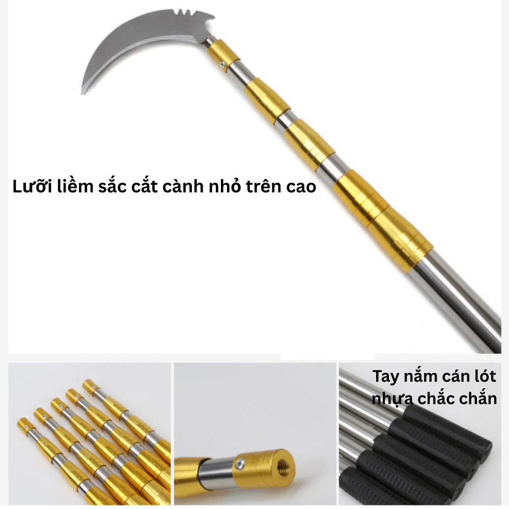 Bộ Gậy Liềm - Cưa - Vợt Hái Đa Năng Inox 304 Dài 3-8M Rút Gọn Siêu Tiện Lợi (Gậy+Vợt+Liềm+Cưa)
