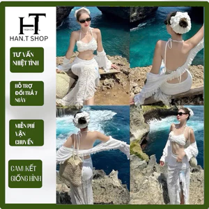 Bikini đồ bơi đi biển 3 món BRA LƯỚI TẦNG, VÁY REN XẺ TÀ , chất lưới tiểu thư mềm sang chảnh HAN.T SHOP