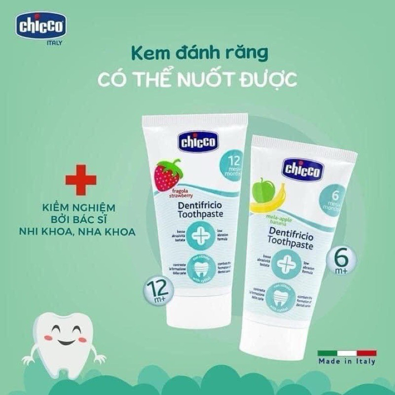 [✨HƯƠNG TRÁI CÂY DỊU] Kem Đánh Răng Chicco Cho Bé Từ 6 Tháng Tuổi Vị Chuối 🍌/ Vị Dâu 🍓Không Cay,Không Chứa Fluoride NK Ý