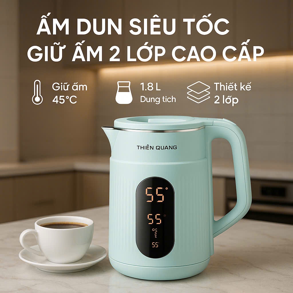 Bình Đun Siêu Tốc ,Ấm đun siêu tốc giữ nhiệt cao cấp Thiên Quang 2 lớp dung tích 2L công suất 1500W