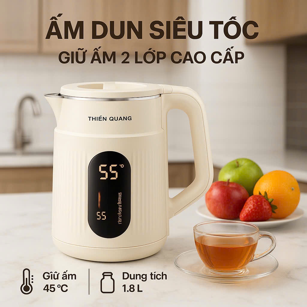 Bình Đun Siêu Tốc ,Ấm đun siêu tốc giữ nhiệt cao cấp Thiên Quang 2 lớp dung tích 2L công suất 1500W