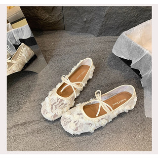 [LÙI 1 SIZE] Giày Bệt Ren Hoa Hồng thêu nổi 5D Tiểu thư - Giày búp bê đế dẻo gắn nơ xinh xắn Mã V037