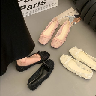 [LÙI 1 SIZE] Giày Bệt Ren Hoa Hồng thêu nổi 5D Tiểu thư - Giày búp bê đế dẻo gắn nơ xinh xắn Mã V037