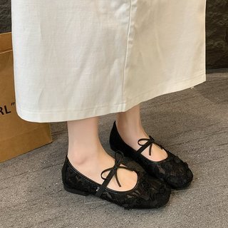 [LÙI 1 SIZE] Giày Bệt Ren Hoa Hồng thêu nổi 5D Tiểu thư - Giày búp bê đế dẻo gắn nơ xinh xắn Mã V037