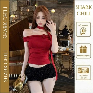 【Mở bán giảm 40k】Áo croptop đỏ trễ vai tay ngắn shark chili kiểu nữ y2k 2 dây hở vai ống hai dây S62