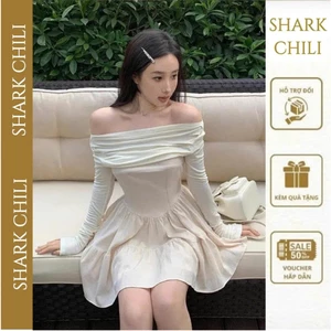 Váy nữ trễ vai tay dài Đầm body trắng shark chili đi biển babydoll boddy S33