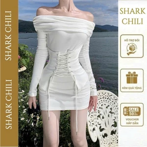 Váy body trễ vai đi biển Đầm dự tiệc Ngắn Ôm Dáng Tay Dài Shark Chili Đầm body nữ Thần S39
