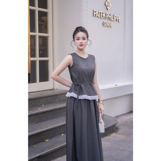 Áo Sát Nách Cổ Tròn Dáng Suông Đai Eo Phối Chân Váy Dài Dáng Xoè MCHIC D61B25H010 D62L25H005