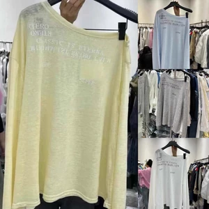 Áo dài tay trễ vai thun giấy màu trắng ghi xanh vàng hoạ tiết chữ đơn giản ATDT029 - Tiktik