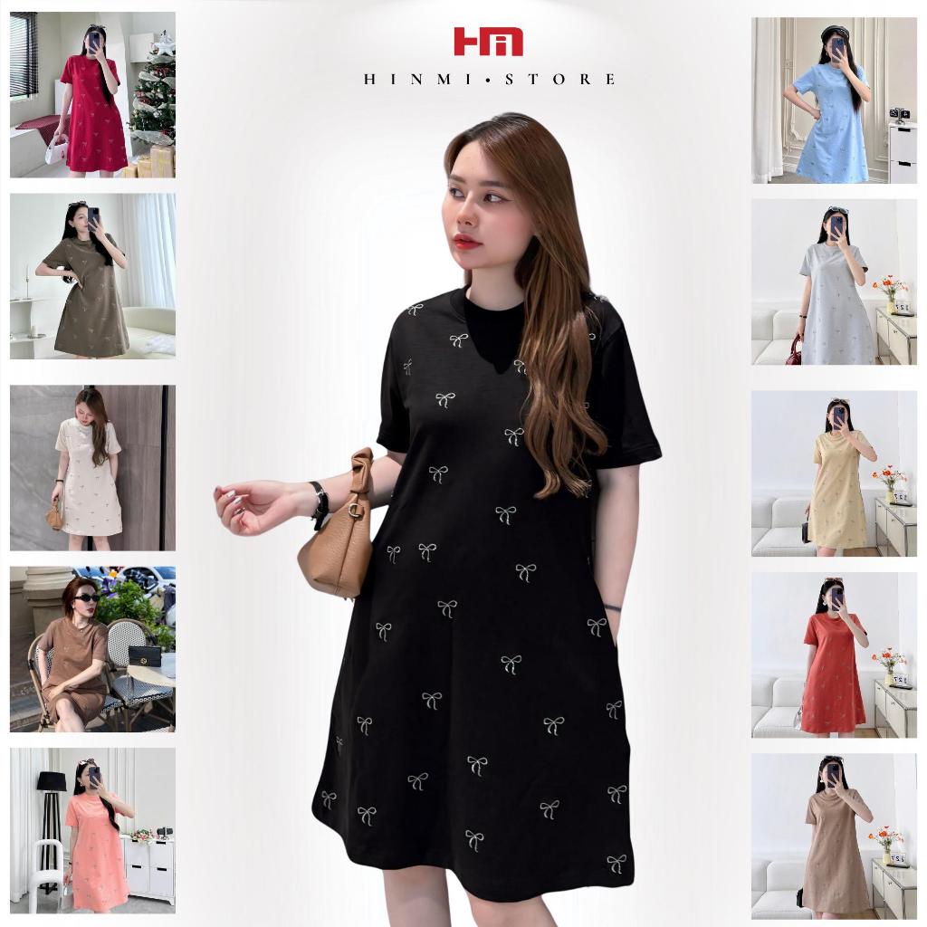 Váy Chữ A Suông _ Dáng Ngắn _ Thêu Họa Tiết Nơ Lấp Lánh_ Cổ Tròn, Tay Lửng, Chất Cotton Mềm Mịn, Bầu Có Thể Mang Được