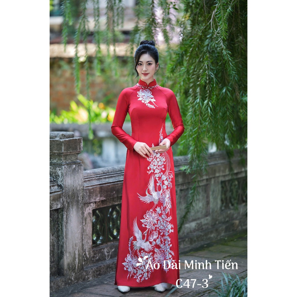 Áo Dài Chất Liệu Lụa SaTin Cao Cấp Hàng May + Thêu Thủ Công Tỉ Mỉ Từng Áo - Mã C47-3 Màu Đỏ