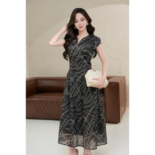 Đầm Dáng Xoè Cổ Tròn Xẻ V Đầm Sang Trọng Tơ Óng Hàn LAMER L63L25H034