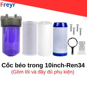 Bộ Cốc Lọc Nước Béo Trong 10 Inch Ren 34 Kèm 3 Lõi Thô Và Phụ Kiện Đầy Đủ – Dùng Lọc Đầu Nguồn, Lọc Nước Máy Sinh Hoạt