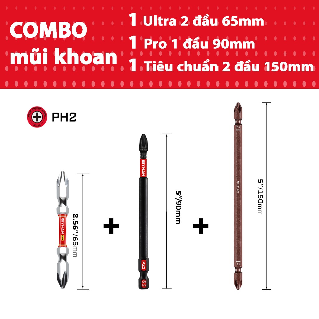 Mũi Vít Bitman PH2 – Đầu Chữ Thập Chuẩn, Từ Tính, Khoan Gỗ & Kim Loại ...