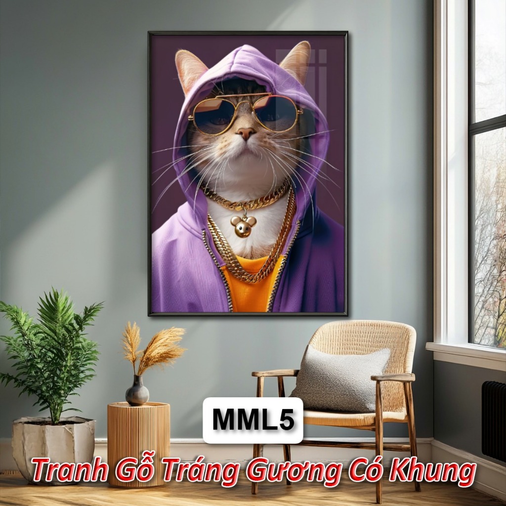 Tranh Mèo CuTe Phong Cách Cực Ngầu - Tranh Gỗ Tráng Gương Treo Tường Chủ Đề Con Mèo Trang Trí Phòng Khách, Phòng Ngủ