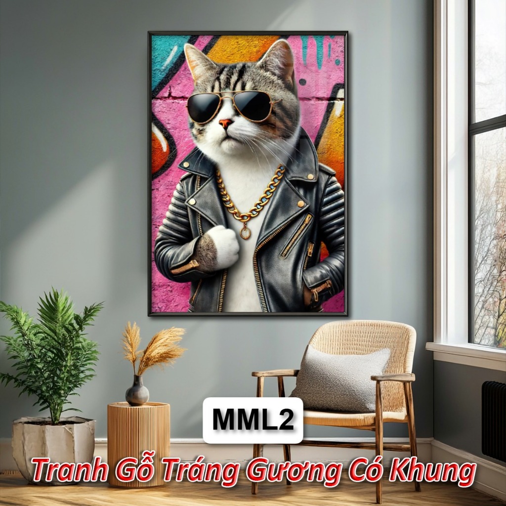 Tranh Mèo CuTe Phong Cách Cực Ngầu - Tranh Gỗ Tráng Gương Treo Tường Chủ Đề Con Mèo Trang Trí Phòng Khách, Phòng Ngủ