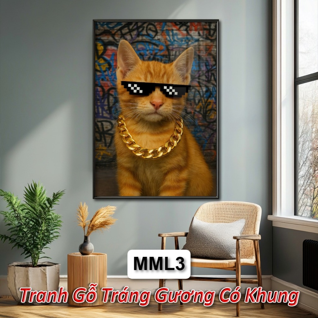 Tranh Mèo CuTe Phong Cách Cực Ngầu - Tranh Gỗ Tráng Gương Treo Tường Chủ Đề Con Mèo Trang Trí Phòng Khách, Phòng Ngủ