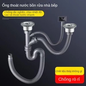 Bộ xả chậu rửa chén đôi 2 hộc – xi phông inox SUS 304 cao cấp, chống mùi, thoát nước nhanh, lắp đặt dễ