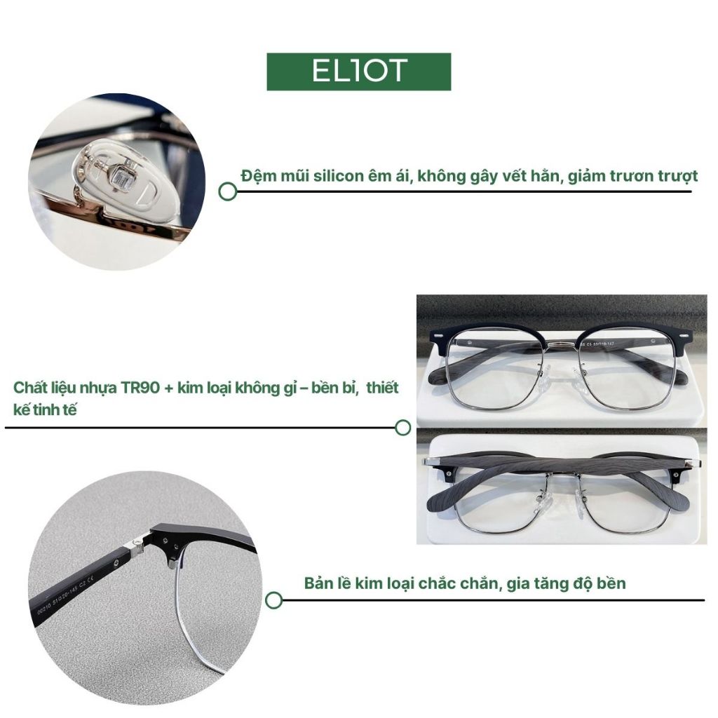 Gọng kính ELIOT EYEWEAR mắt kính nửa gọng Clubmaster thời trang kính chống ánh sáng xanh có thể thay cận QZ660