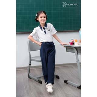 [18-45kg] Mix set đồng phục đi học bé gái HUMY NGO_Áo cộc tay polo cổ sen phối chân váy xếp li xanh than có lót quần