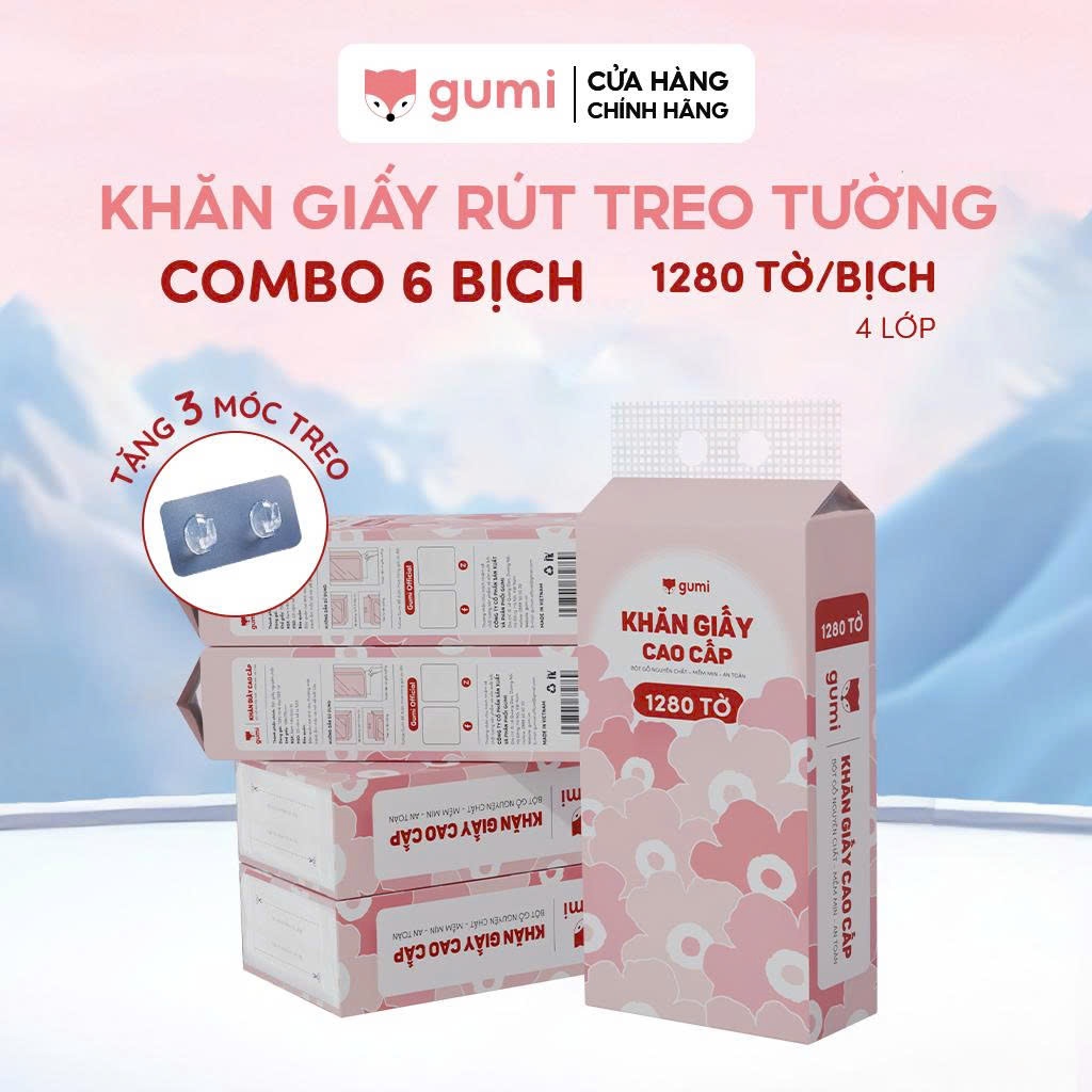 Thùng 6 bịch Khăn Giấy Gumi treo tường tiện lợi, an toàn Giấy ăn Gumi (Tặng kèm 3 móc treo tường)