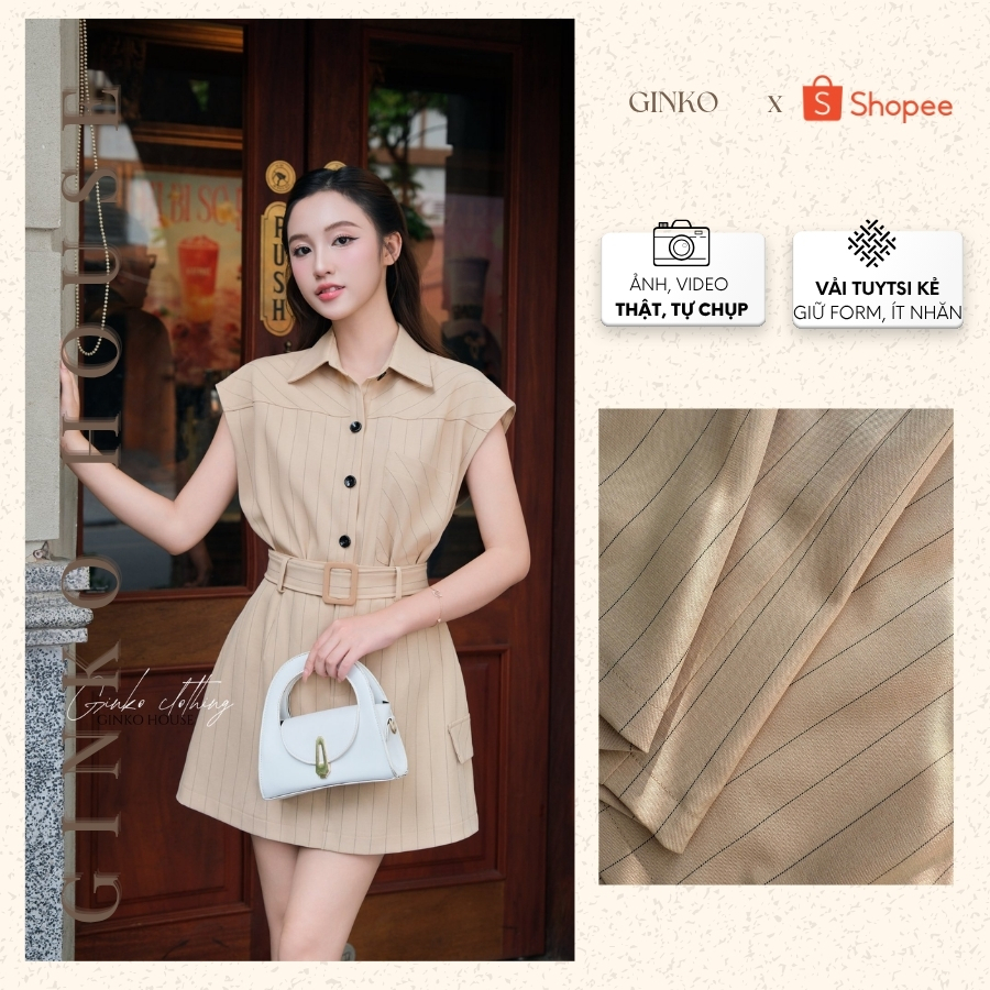 Sét áo váy nữ công sở cổ đức tay hến đai eo thanh lịch nữ tính có quần bảo hộ GINKO CLOTHING- SET2509