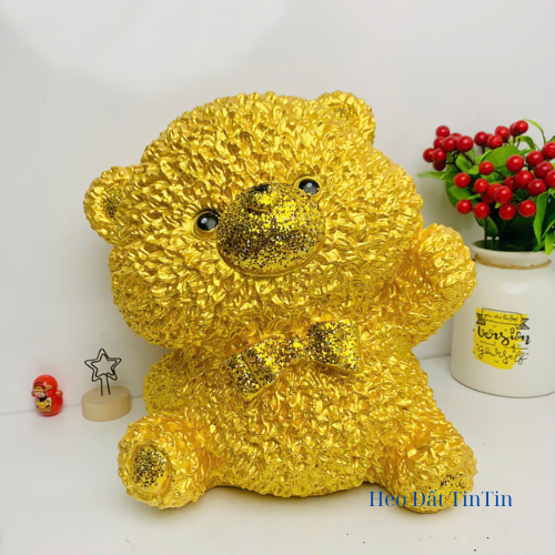 Heo đất tiết kiệm Gấu xù bông đáng yêu Size To vàng đồng -ống tiết kiệm lợn đất tiết kiệm trang trí