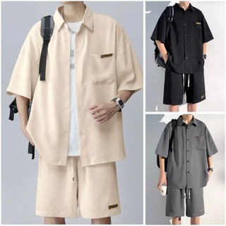 Set Bộ Đũi Sơ Mi Nam Nữ Cộc Tay Lỡ Cao Cấp, Bộ Sơ Mi Cộc Form Rộng Dáng Unisex Màu Bassic Full Tag Logo Sịn Sò Hot