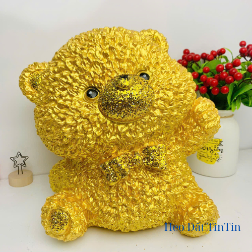 Heo đất tiết kiệm Gấu xù bông đáng yêu Size To vàng đồng -ống tiết kiệm lợn đất tiết kiệm trang trí