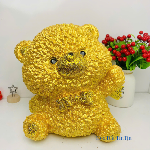 Heo đất tiết kiệm Gấu xù bông đáng yêu Size To vàng đồng -ống tiết kiệm lợn đất tiết kiệm trang trí