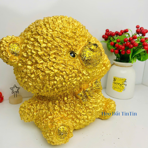 Heo đất tiết kiệm Gấu xù bông đáng yêu Size To vàng đồng -ống tiết kiệm lợn đất tiết kiệm trang trí