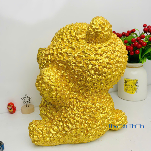 Heo đất tiết kiệm Gấu xù bông đáng yêu Size To vàng đồng -ống tiết kiệm lợn đất tiết kiệm trang trí