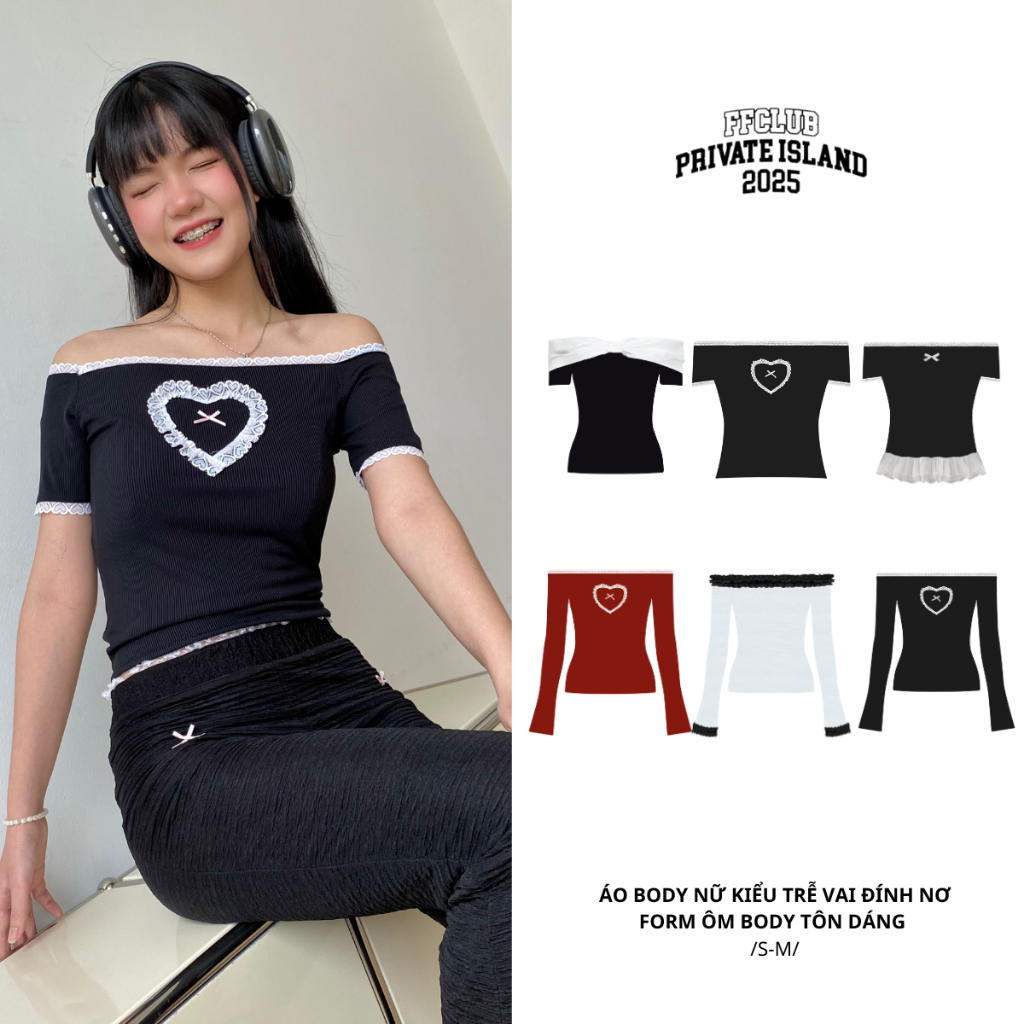 Áo body nữ kiểu Trễ vai đính nơ form ôm body tôn dáng FFCLUB mix